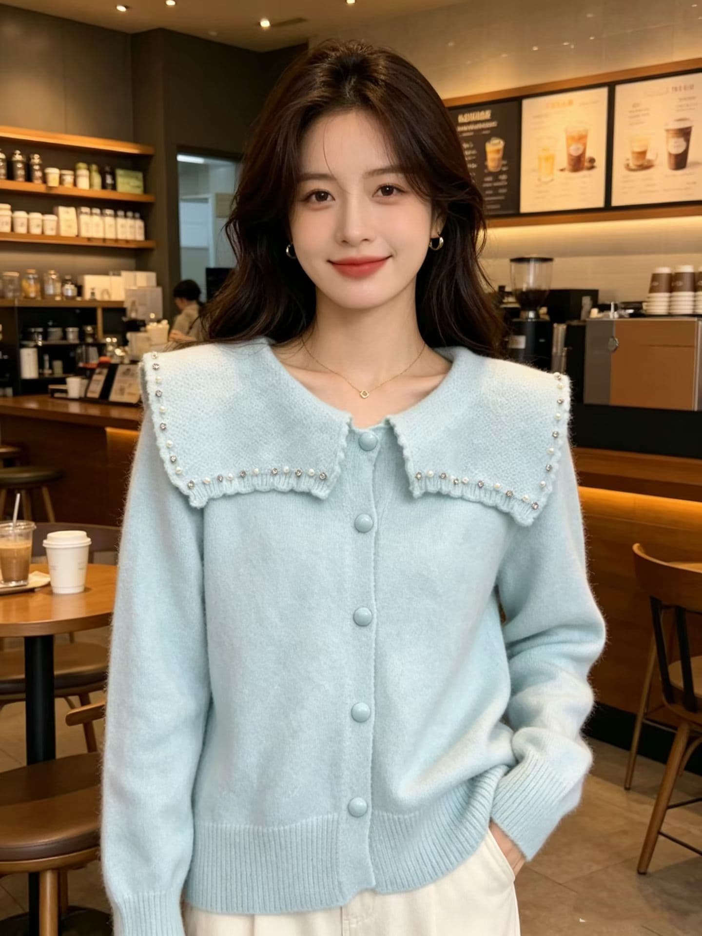 달콤한 스타일 베이비 칼라 니트 오픈 가디건 가을 새로운 부드러운 바람 연령 감소 슬림해 보이는 스웨터 코트 상세 이미지 7