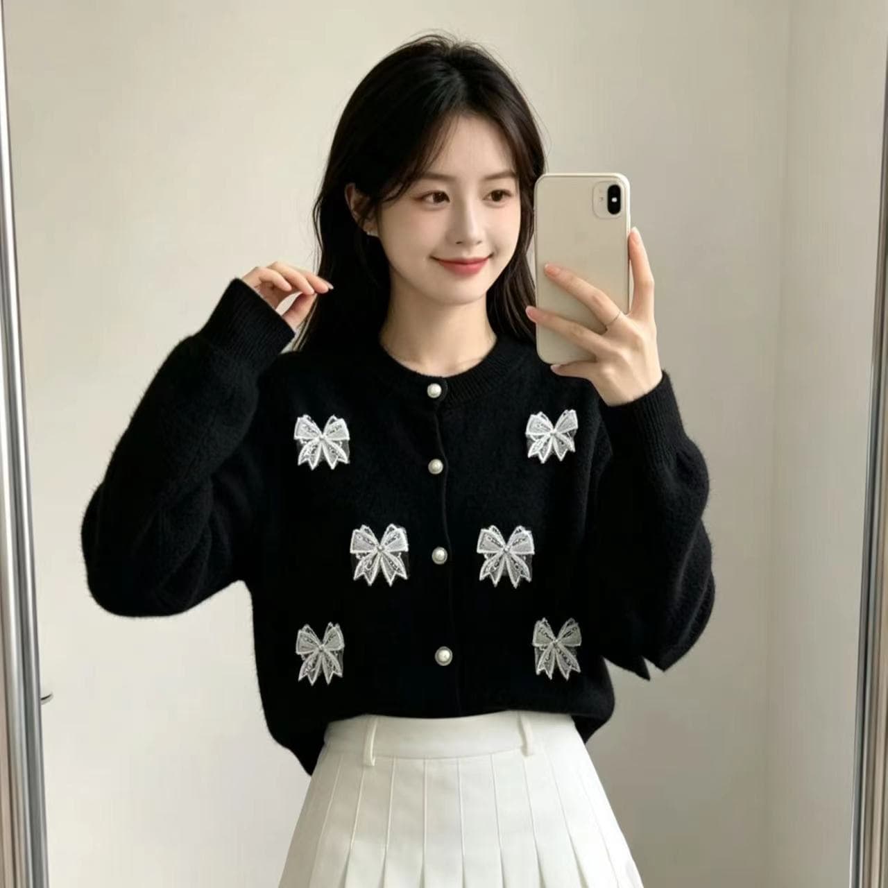 나비 매듭 수달 털 라운드 넥 긴팔 니트 오픈 가디건 가을 겨울 새로운 프랑스식 작은 대중 연령 감소 스웨터 코트 이미지 5