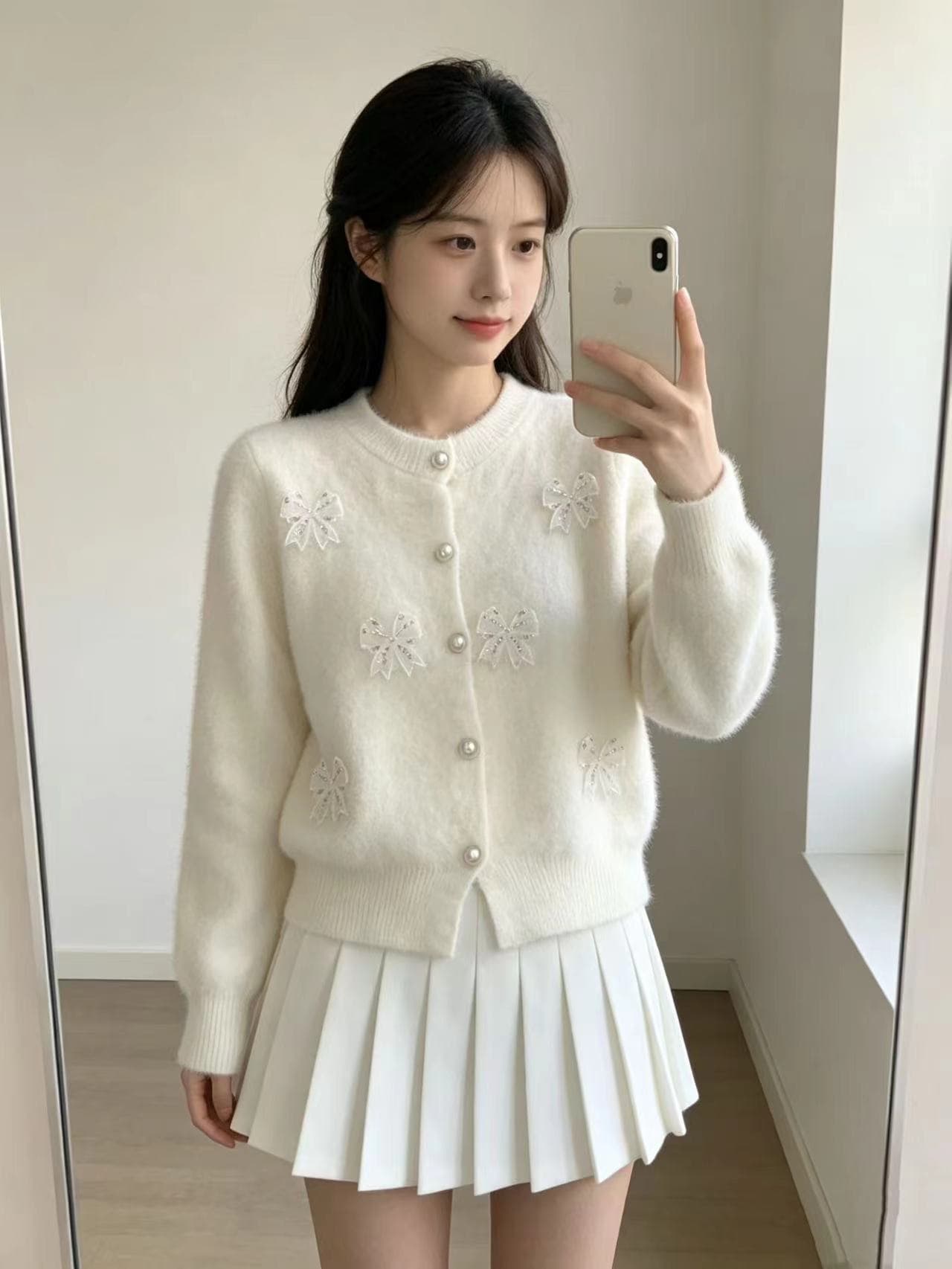 나비 매듭 수달 털 라운드 넥 긴팔 니트 오픈 가디건 가을 겨울 새로운 프랑스식 작은 대중 연령 감소 스웨터 코트 이미지 2