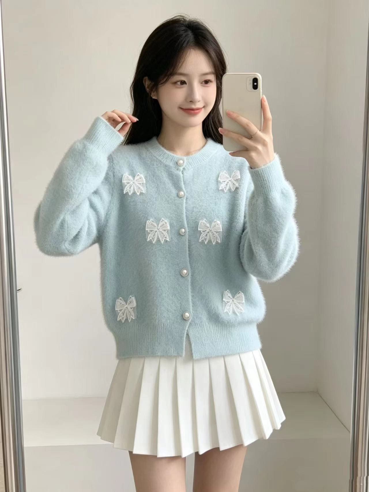 나비 매듭 수달 털 라운드 넥 긴팔 니트 오픈 가디건 가을 겨울 새로운 프랑스식 작은 대중 연령 감소 스웨터 코트 상세 이미지 7