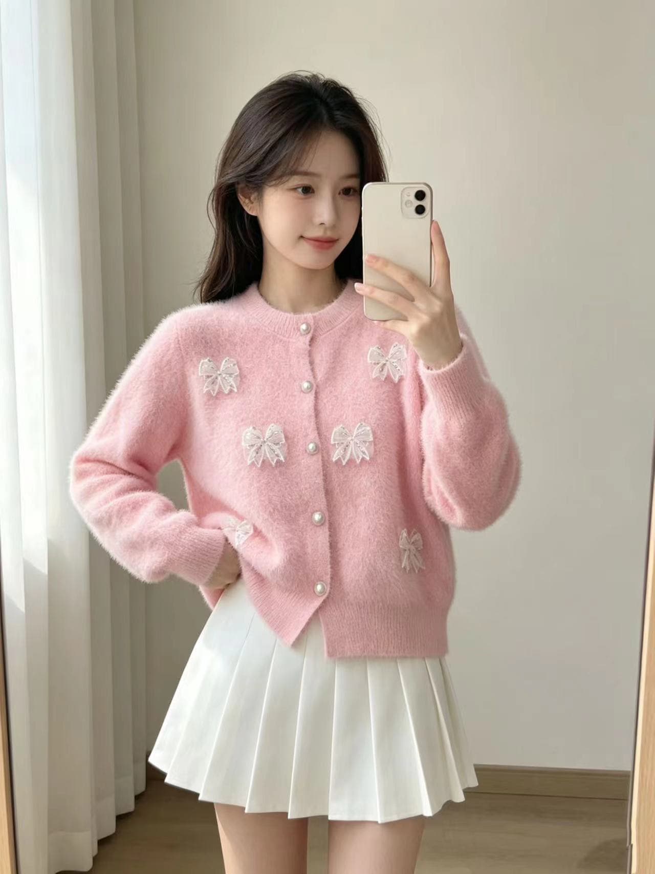 나비 매듭 수달 털 라운드 넥 긴팔 니트 오픈 가디건 가을 겨울 새로운 프랑스식 작은 대중 연령 감소 스웨터 코트 상세 이미지 8
