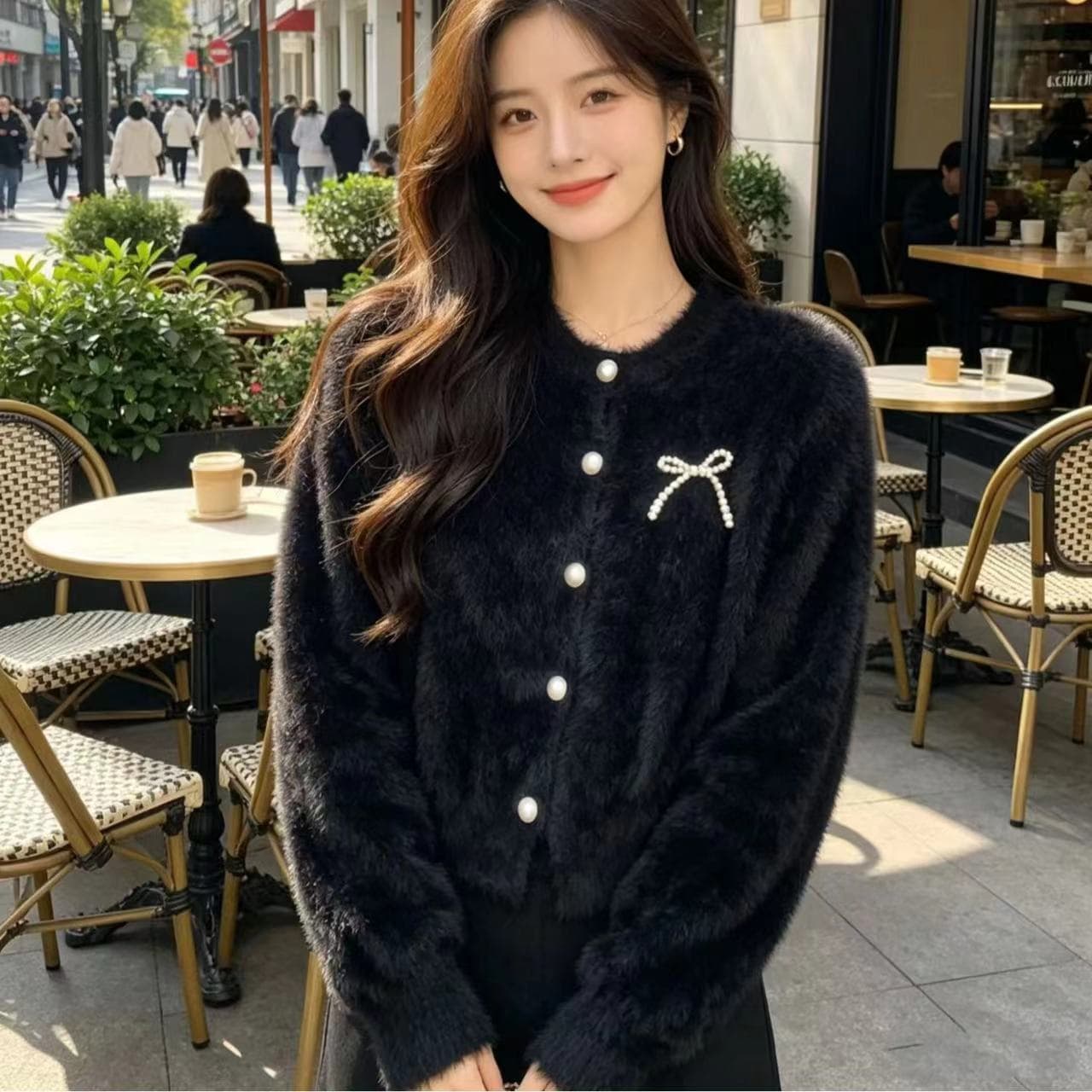 작은 샤넬 스타일 밍크 플리스 오픈 가디건 스웨터 여자 가을 겨울 신제품 루즈핏 학원 스타일 니트 스웨터 외출용 재킷 이미지 3