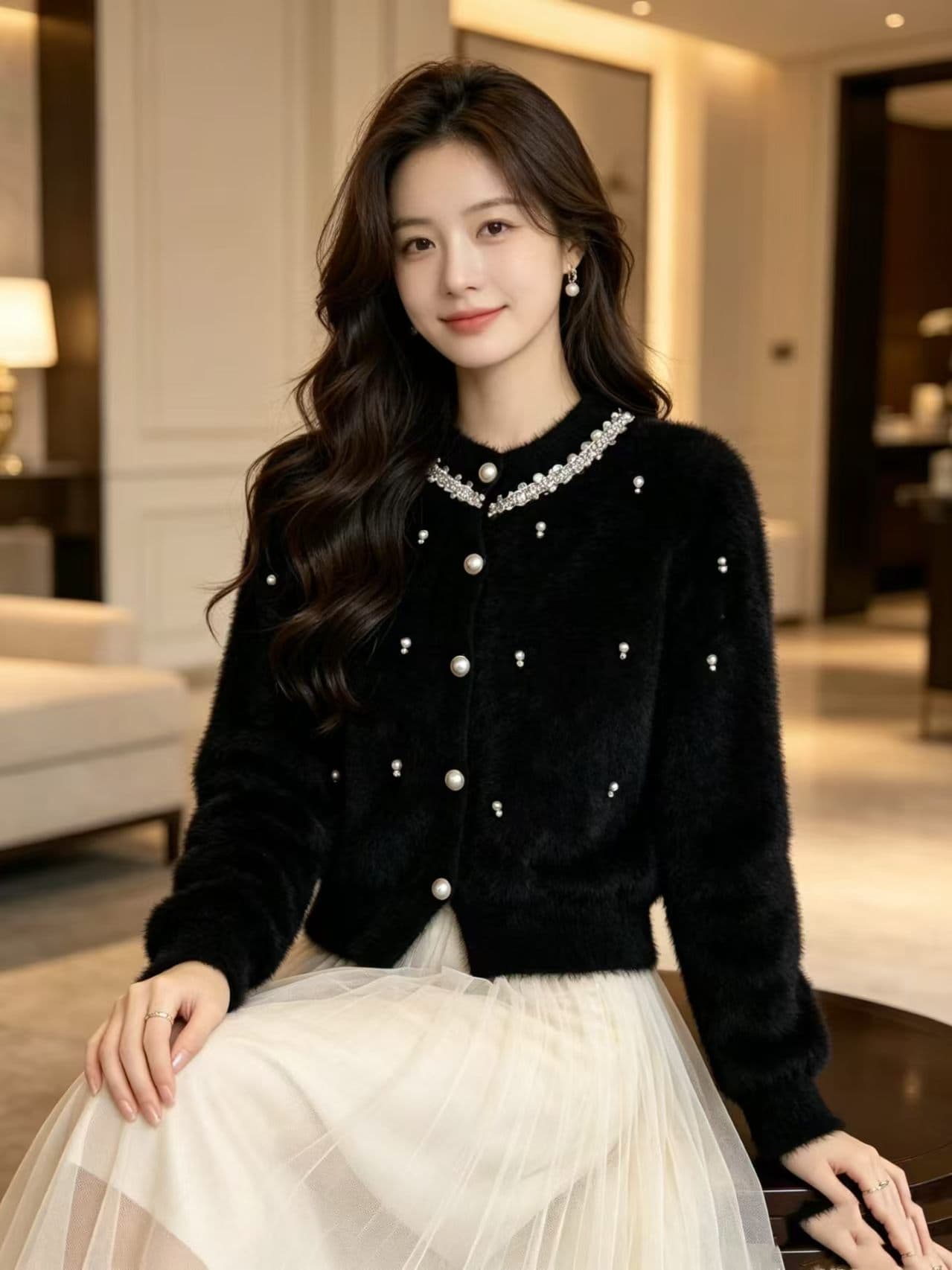 한 부서 부드러운 바람 무거운 작업 비즈 박기 라운드 넥 니트 오픈 가디건 여성 가을 겨울 품격 다용도 모방 밍크 플리스 스웨터 코트 이미지 3
