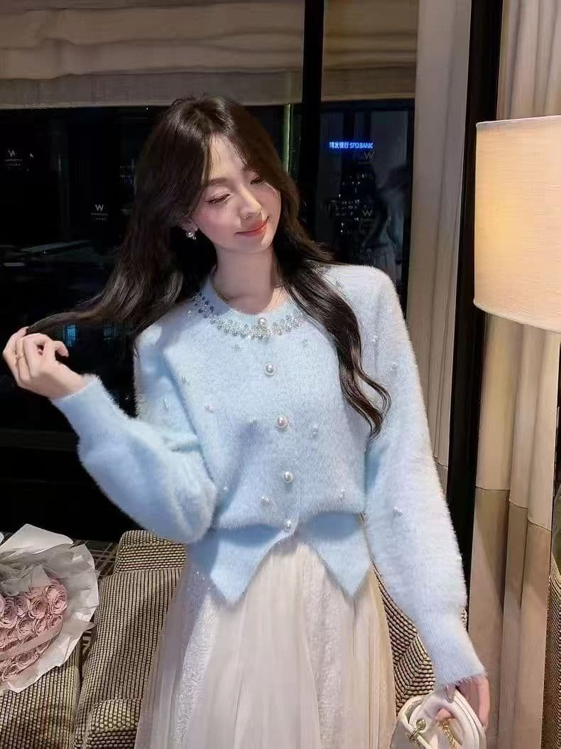 한 부서 부드러운 바람 무거운 작업 비즈 박기 라운드 넥 니트 오픈 가디건 여성 가을 겨울 품격 다용도 모방 밍크 플리스 스웨터 코트 상세 이미지 5