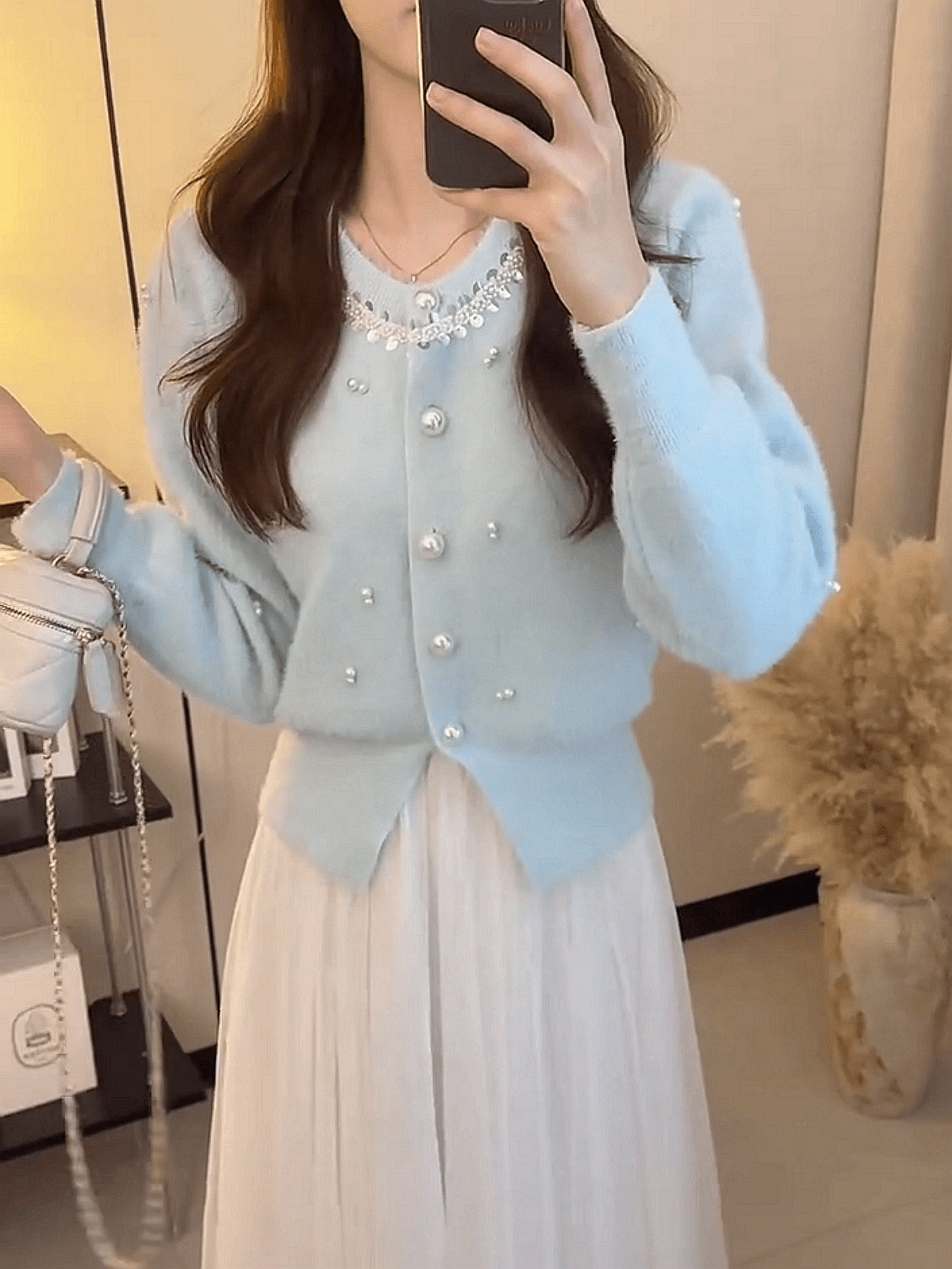 한 부서 부드러운 바람 무거운 작업 비즈 박기 라운드 넥 니트 오픈 가디건 여성 가을 겨울 품격 다용도 모방 밍크 플리스 스웨터 코트 상세 이미지 11