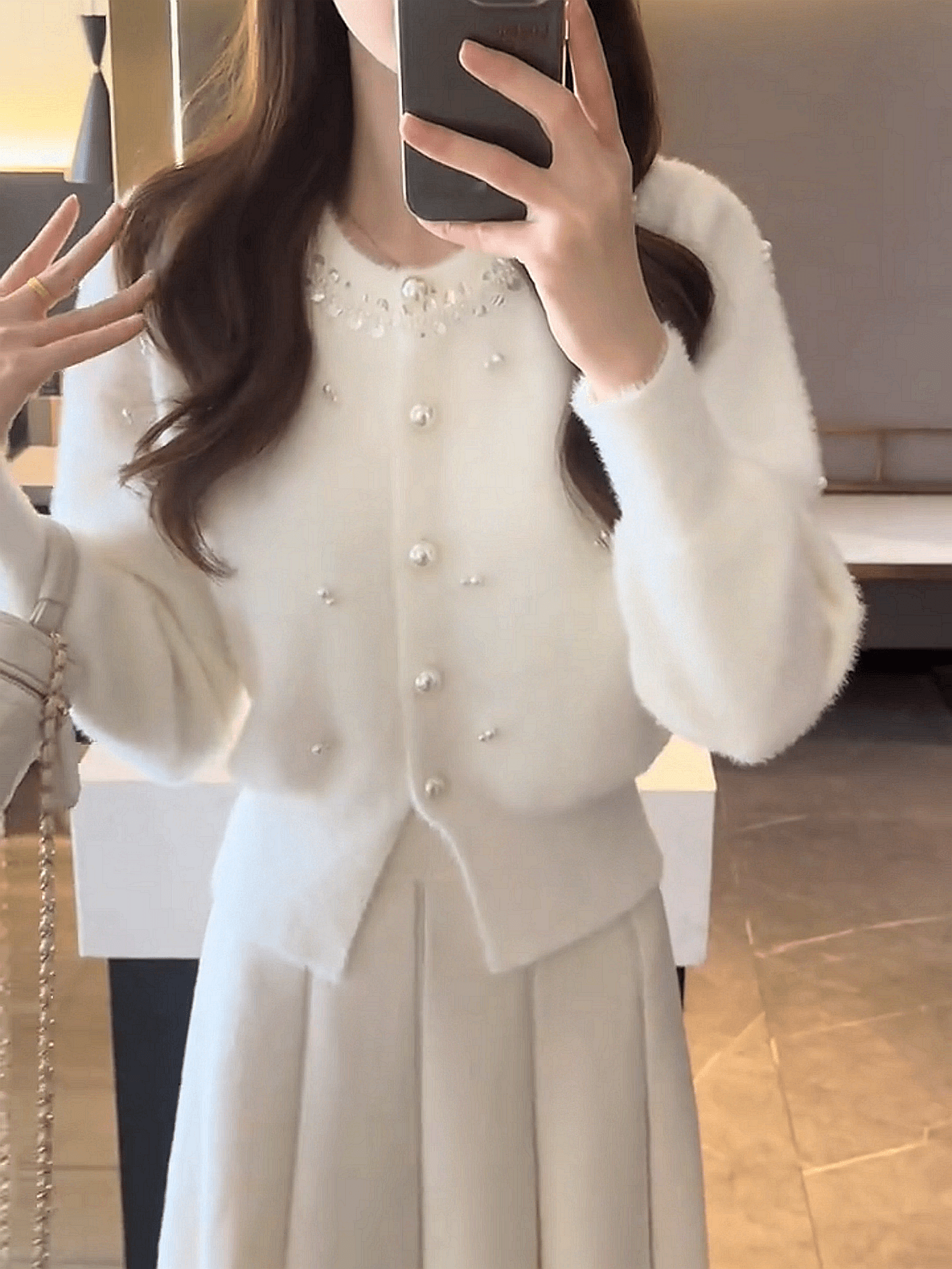 한 부서 부드러운 바람 무거운 작업 비즈 박기 라운드 넥 니트 오픈 가디건 여성 가을 겨울 품격 다용도 모방 밍크 플리스 스웨터 코트 상세 이미지 12