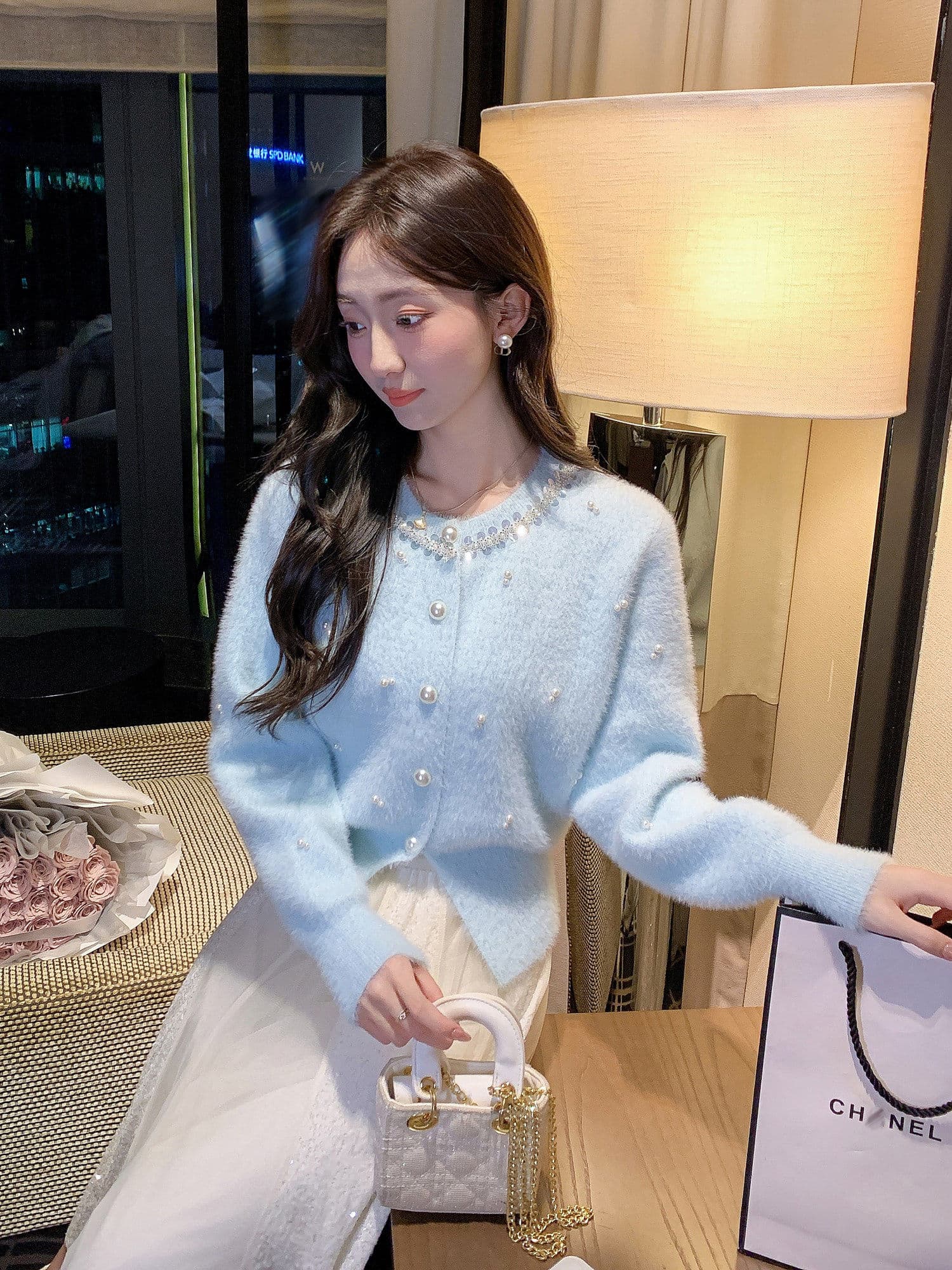한 부서 부드러운 바람 무거운 작업 비즈 박기 라운드 넥 니트 오픈 가디건 여성 가을 겨울 품격 다용도 모방 밍크 플리스 스웨터 코트 상세 이미지 22