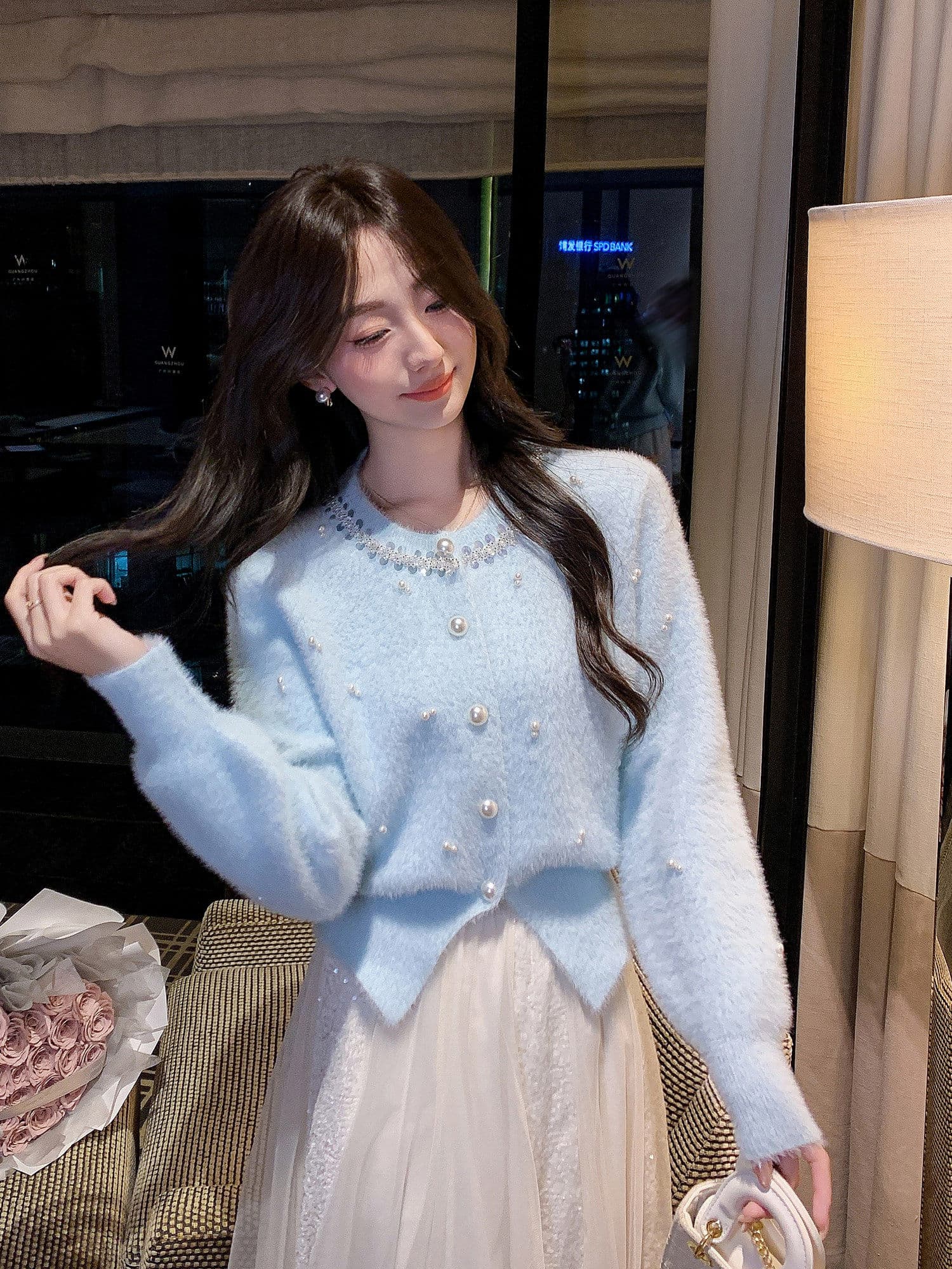 한 부서 부드러운 바람 무거운 작업 비즈 박기 라운드 넥 니트 오픈 가디건 여성 가을 겨울 품격 다용도 모방 밍크 플리스 스웨터 코트 상세 이미지 25