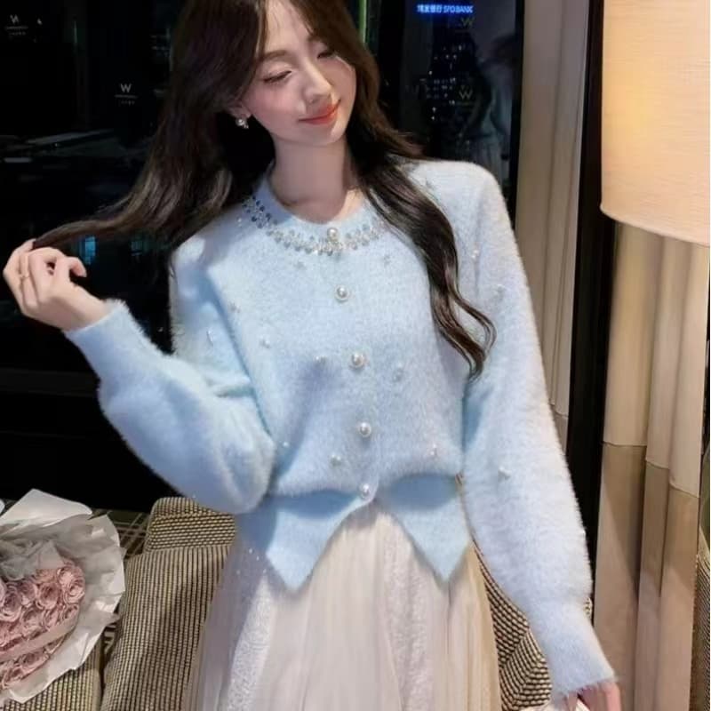 한 부서 부드러운 바람 무거운 작업 비즈 박기 라운드 넥 니트 오픈 가디건 여성 가을 겨울 품격 다용도 모방 밍크 플리스 스웨터 코트 상세 이미지 41