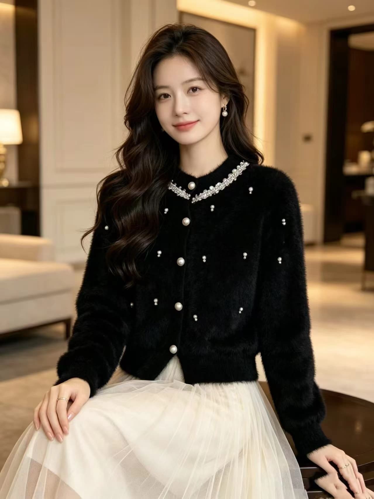 한 부서 부드러운 바람 무거운 작업 비즈 박기 라운드 넥 니트 오픈 가디건 여성 가을 겨울 품격 다용도 모방 밍크 플리스 스웨터 코트 상세 이미지 42