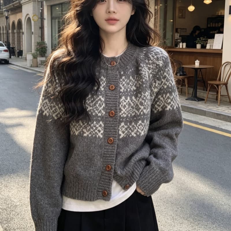 한국 동대문 레트로 자카드 라운드 넥 오픈 가디건 가을 겨울 찹쌀 프로 피부 루즈핏 니트 느긋한 스웨터 코트 맨위 이미지 5