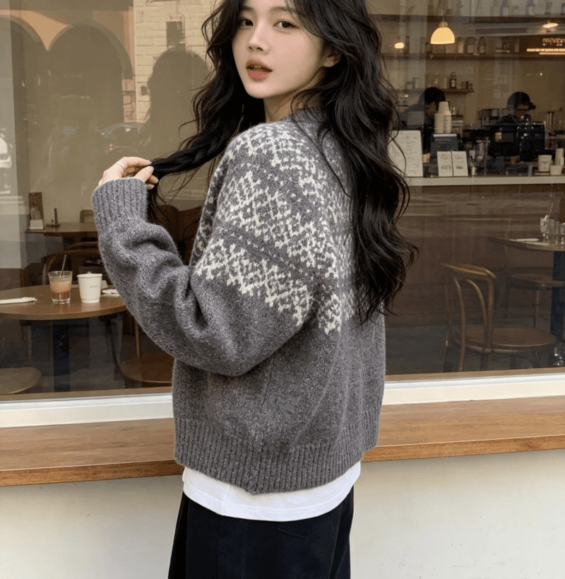 한국 동대문 레트로 자카드 라운드 넥 오픈 가디건 가을 겨울 찹쌀 프로 피부 루즈핏 니트 느긋한 스웨터 코트 맨위 상세 이미지 3