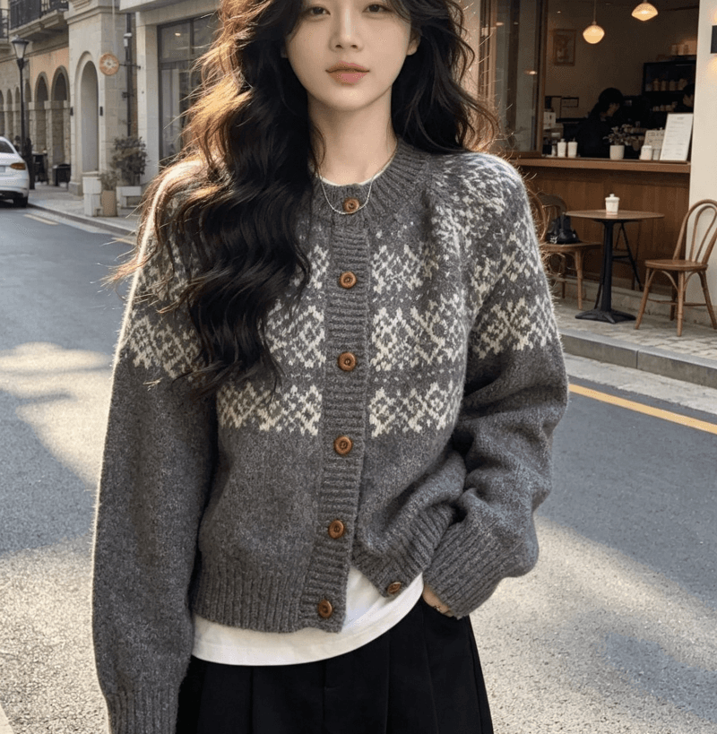 한국 동대문 레트로 자카드 라운드 넥 오픈 가디건 가을 겨울 찹쌀 프로 피부 루즈핏 니트 느긋한 스웨터 코트 맨위 상세 이미지 4