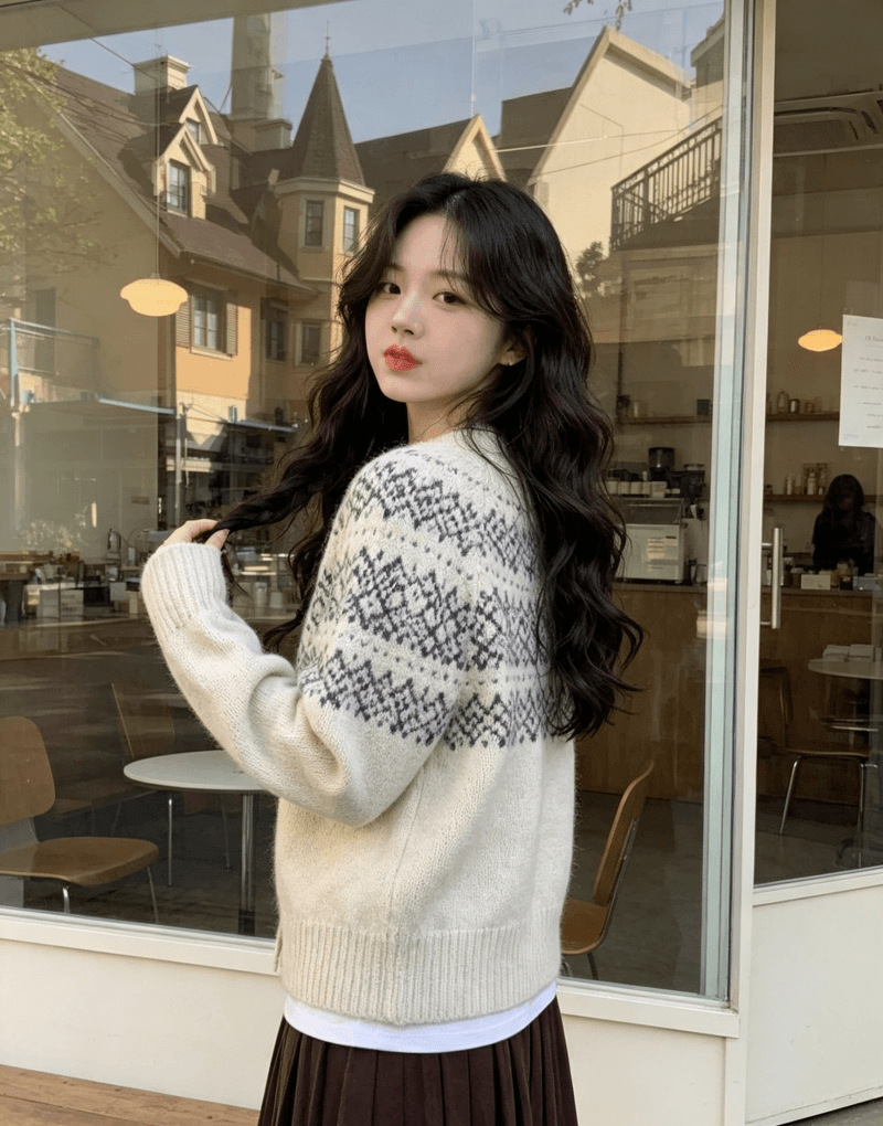 한국 동대문 레트로 자카드 라운드 넥 오픈 가디건 가을 겨울 찹쌀 프로 피부 루즈핏 니트 느긋한 스웨터 코트 맨위 상세 이미지 8