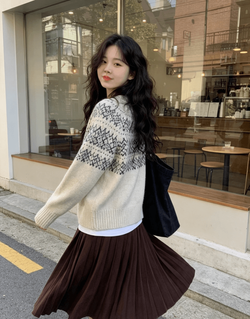 한국 동대문 레트로 자카드 라운드 넥 오픈 가디건 가을 겨울 찹쌀 프로 피부 루즈핏 니트 느긋한 스웨터 코트 맨위 상세 이미지 10