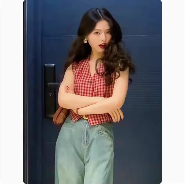 한 부서 디자인 센스 빨간색 단어 체크무늬 아마 조끼 여성 셔츠 여름 슈퍼 잘 생긴 출퇴근 꼬집기 허리 민소매 맨위 얇은 상세 이미지 1