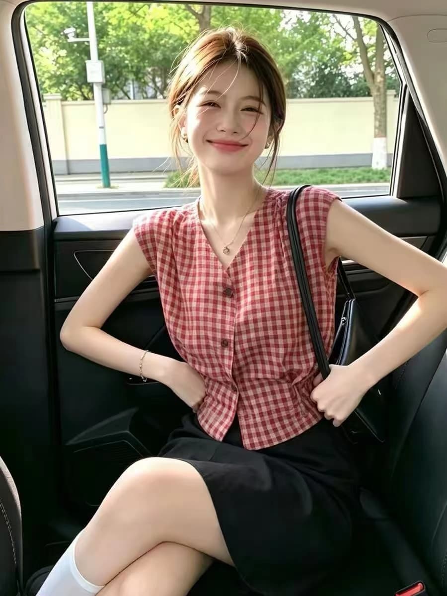 한 부서 디자인 센스 빨간색 단어 체크무늬 아마 조끼 여성 셔츠 여름 슈퍼 잘 생긴 출퇴근 꼬집기 허리 민소매 맨위 얇은 상세 이미지 9