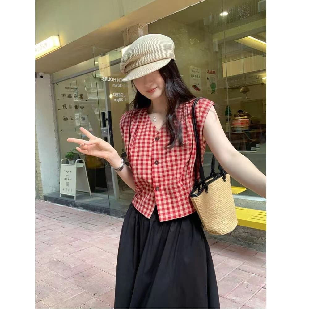 한 부서 디자인 센스 빨간색 단어 체크무늬 아마 조끼 여성 셔츠 여름 슈퍼 잘 생긴 출퇴근 꼬집기 허리 민소매 맨위 얇은 상세 이미지 11