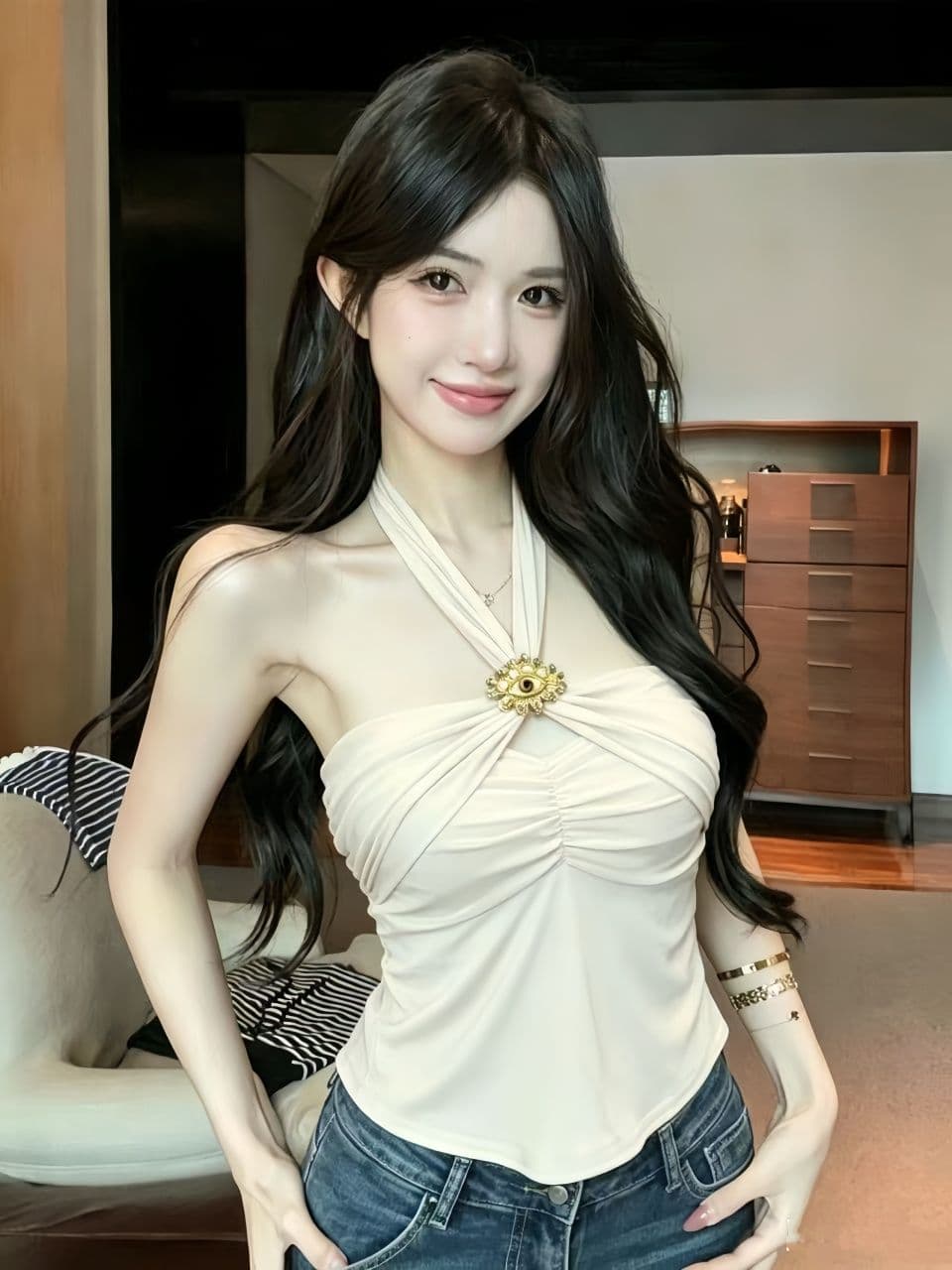 새로운 단색 몸매 가꾸기 섹시함 ins 망사 행침 목 스트랩 백리스 신축성 휴가 바람 조끼 맨위 여성 상세 이미지 3