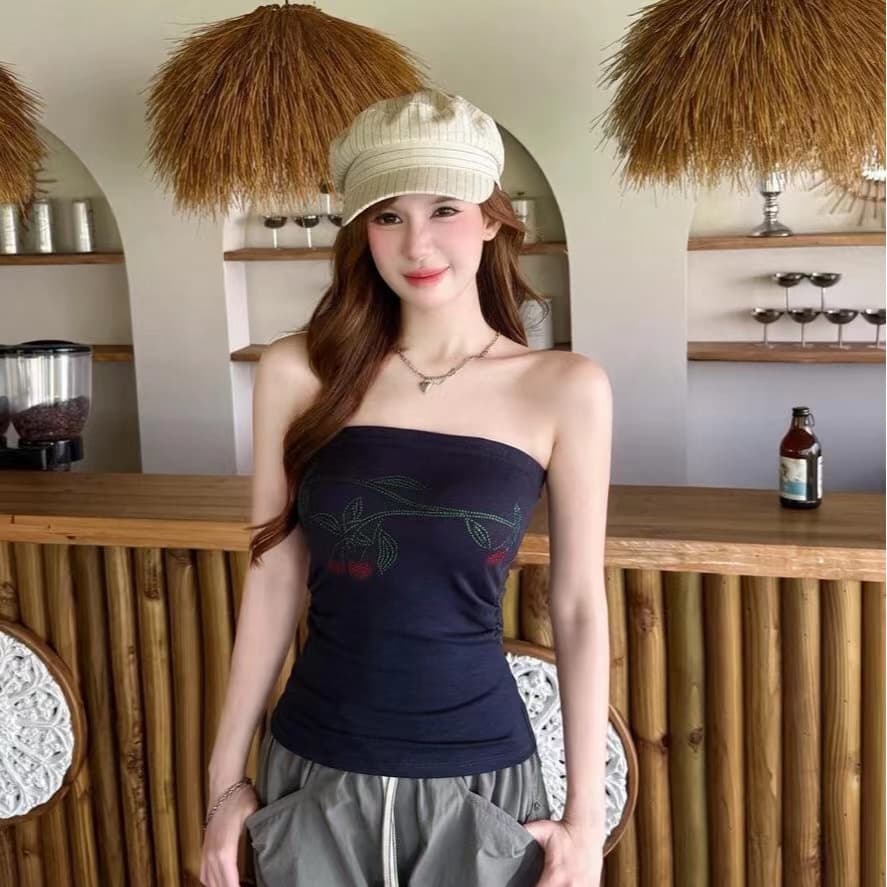 여름 분위기 센스 여름 착용 가져 가라. 나만의 것을 가져와 라. 가슴 패드 작은 체리 프린트 핫픽스 튜브탑 상세 이미지 30