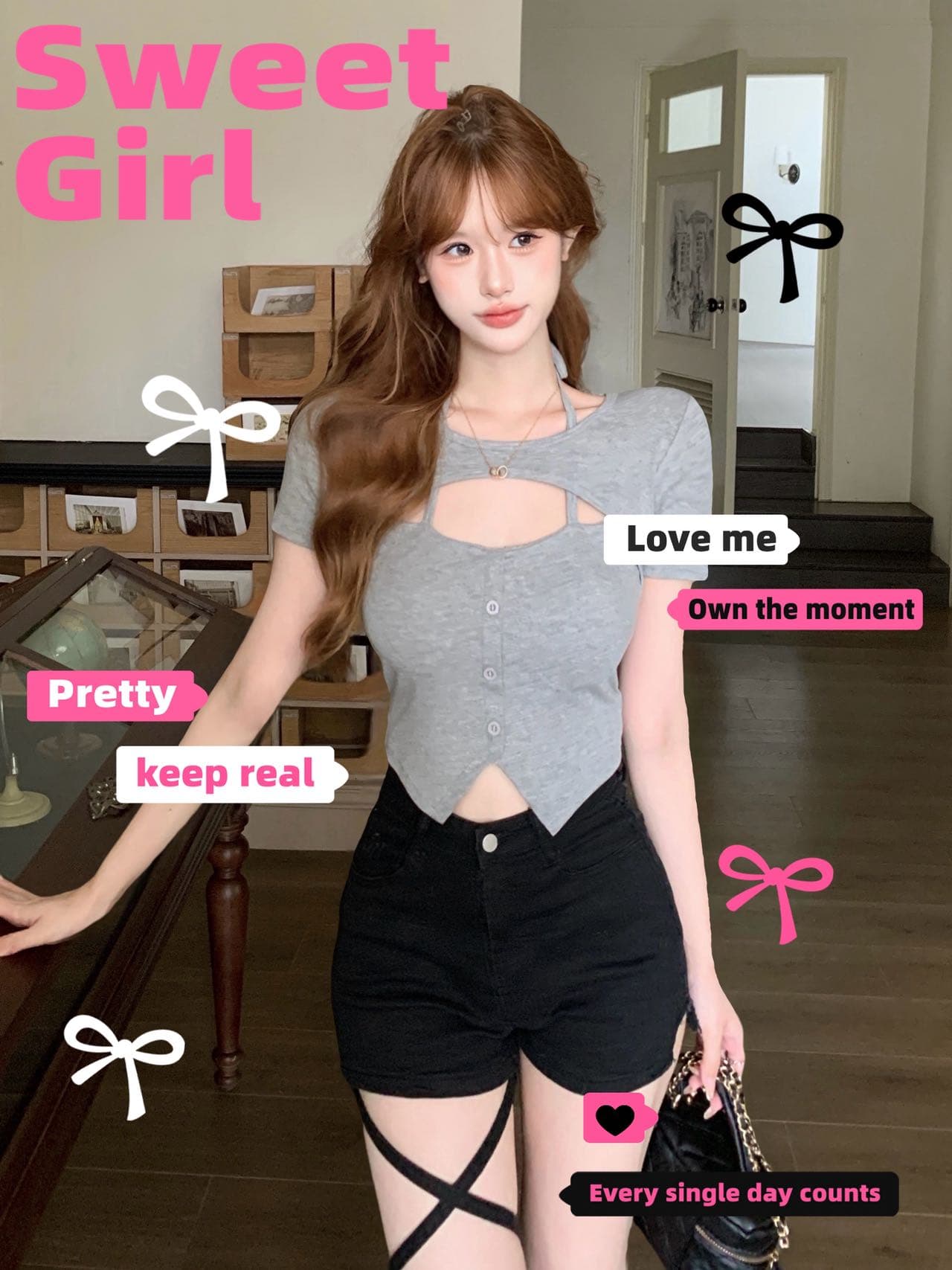 2026 여름 새로운 핫걸 순수한 욕망 바람 몸매 가꾸기 쇼트 스타일 맨위 섹시함 홀로우 아웃 스트랩 Chic 반팔 티셔츠 여성 상세 이미지 10