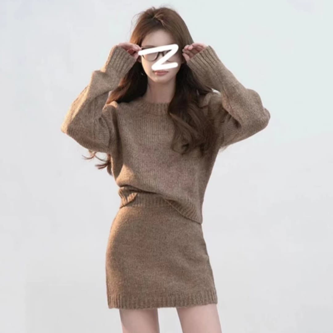 작은 샤넬 스타일 스웨터 세트 드레스 여성 조기 봄 드레스 코디 전체 집합 패션 작은 키 니트 스웨터 미니 스커트 두 조각 이미지 2