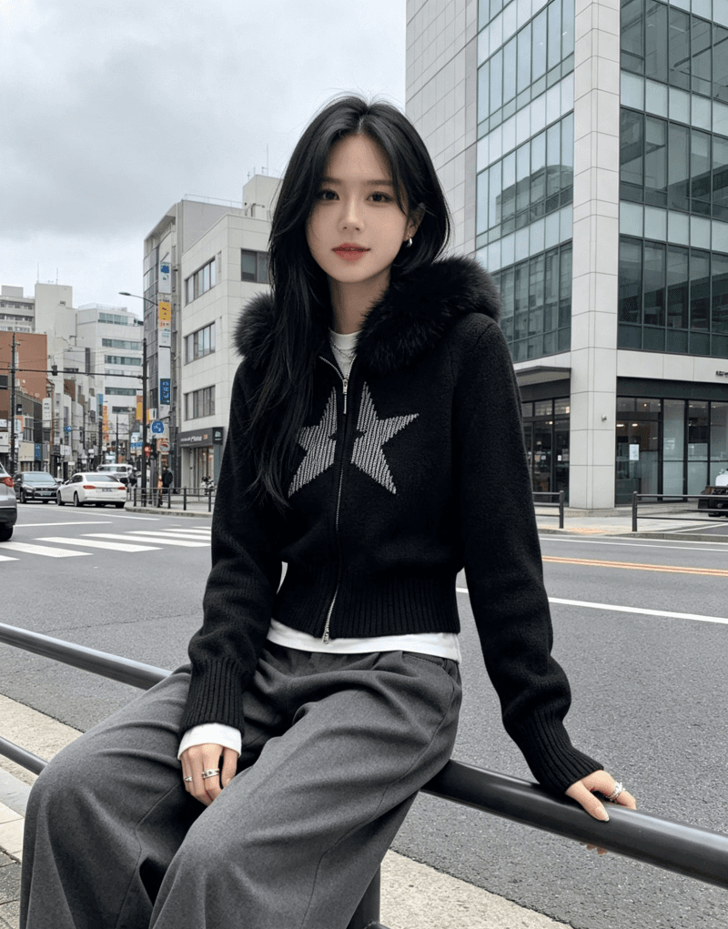 한국 동대문 부드러운 바람 후드 모피 칼라 별 패턴 디자인 센스 가을 겨울 니트 스웨터 오픈 가디건 맨위 여성 이미지 4