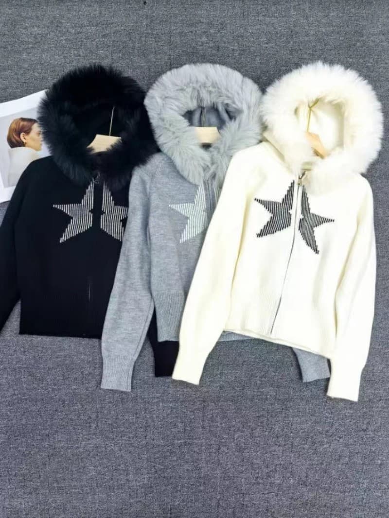 한국 동대문 부드러운 바람 후드 모피 칼라 별 패턴 디자인 센스 가을 겨울 니트 스웨터 오픈 가디건 맨위 여성 상세 이미지 1