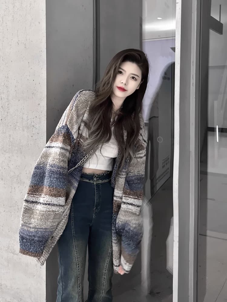 한국 스타일 배색 스트라이프 오픈 가디건 스웨터 여성 코트 가을 겨울 얇은 스타일 디자인 센스 작은 대중 루즈핏 느긋한 니트 맨위 상세 이미지 3