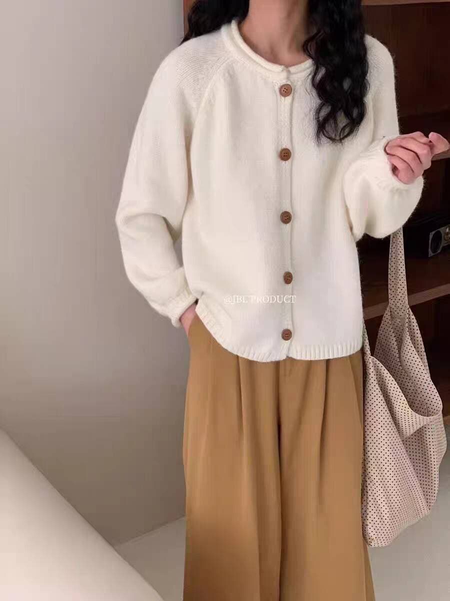 한국 스타일 미니멀리즘 레트로 볼륨 측면 단추 스웨터 오픈 가디건 여성 루즈핏 캐주얼 다용도 삽입 어깨 소매 니트 재킷 가을 겨울 상세 이미지 7