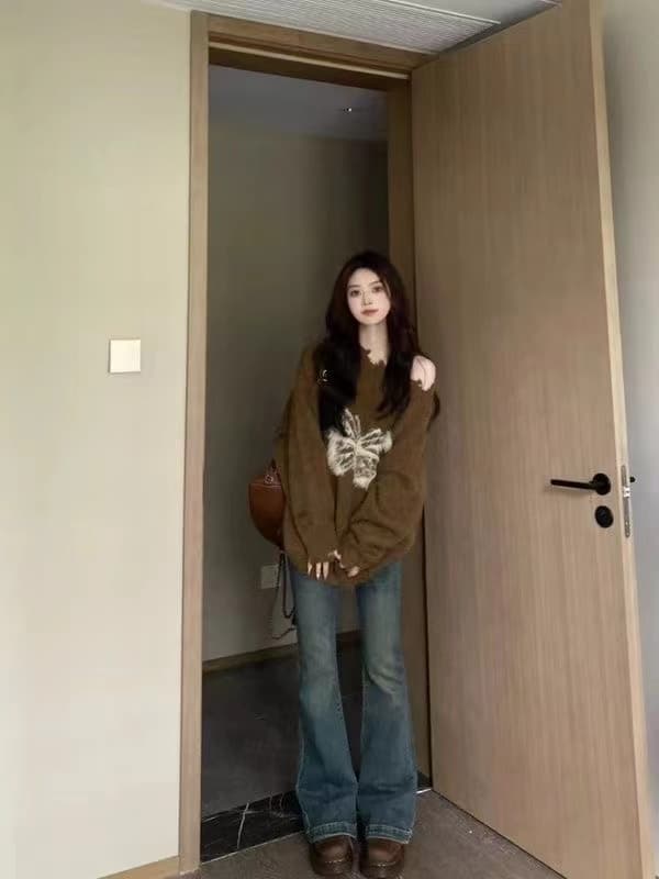 나비 매듭 디자인 센스 오프숄더 스웨터 긴팔 여성 코트 작은 대중 첫사랑 부서 달콤함 두꺼운 니트 스웨터 맨위 트렌디 이미지 3