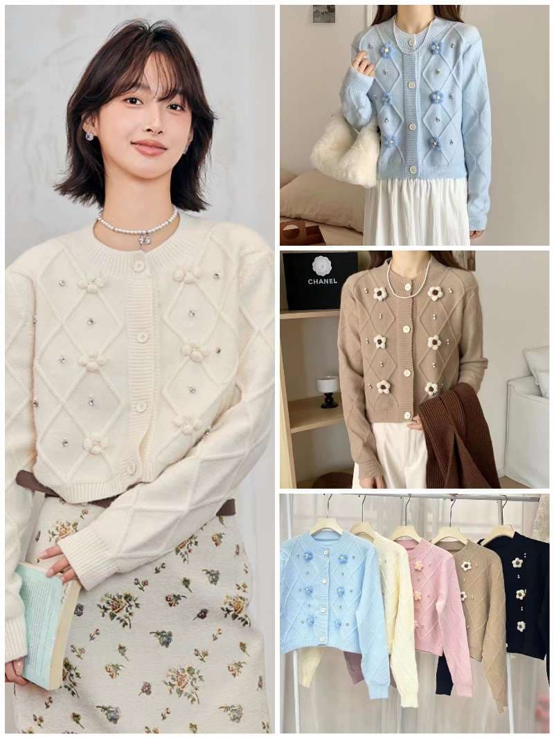 느긋한 부드러운 바람 부드러운 찹쌀 찹쌀 우유 fufu 파란색 3 차원 꽃 니트 스웨터 스웨터 여성 코트 가을 겨울 작은 키