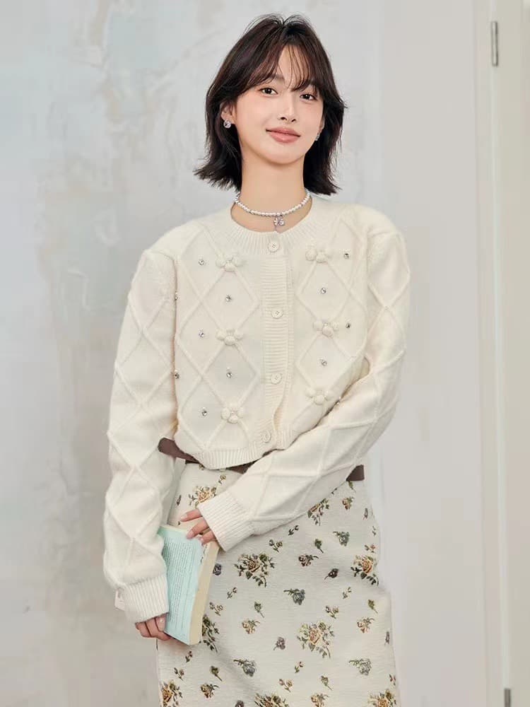 느긋한 부드러운 바람 부드러운 찹쌀 찹쌀 우유 fufu 파란색 3 차원 꽃 니트 스웨터 스웨터 여성 코트 가을 겨울 작은 키 이미지 3