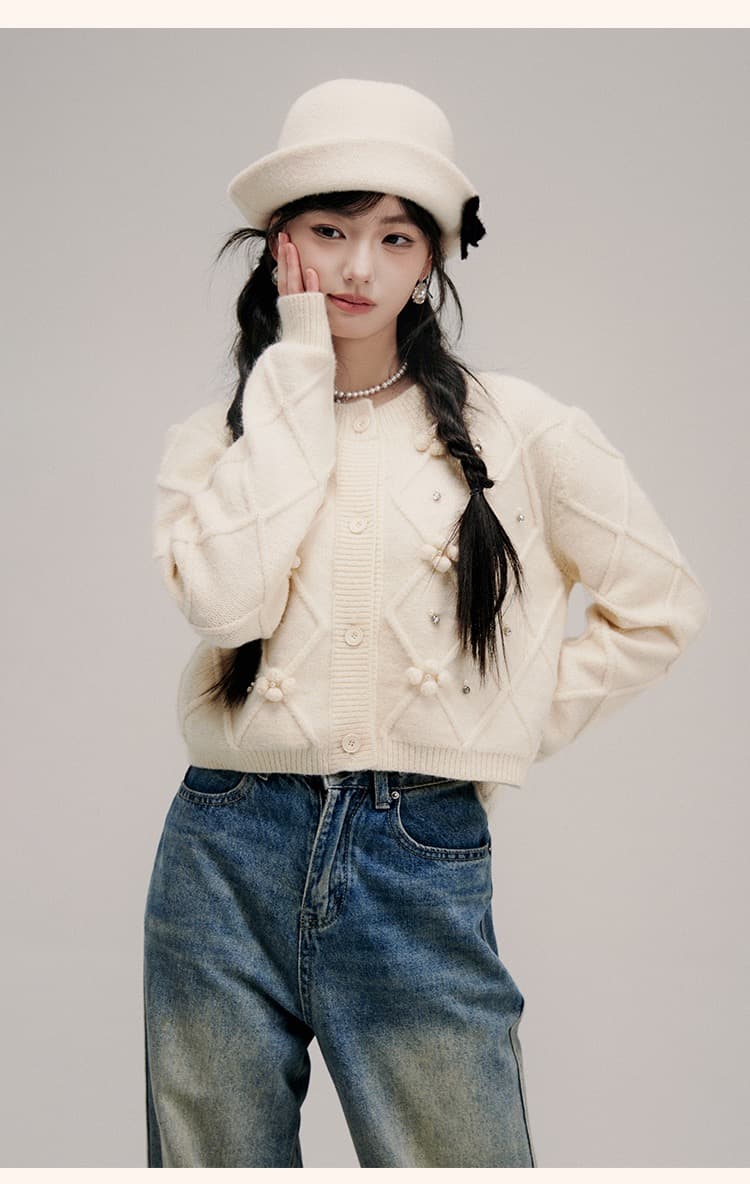 느긋한 부드러운 바람 부드러운 찹쌀 찹쌀 우유 fufu 파란색 3 차원 꽃 니트 스웨터 스웨터 여성 코트 가을 겨울 작은 키 상세 이미지 4