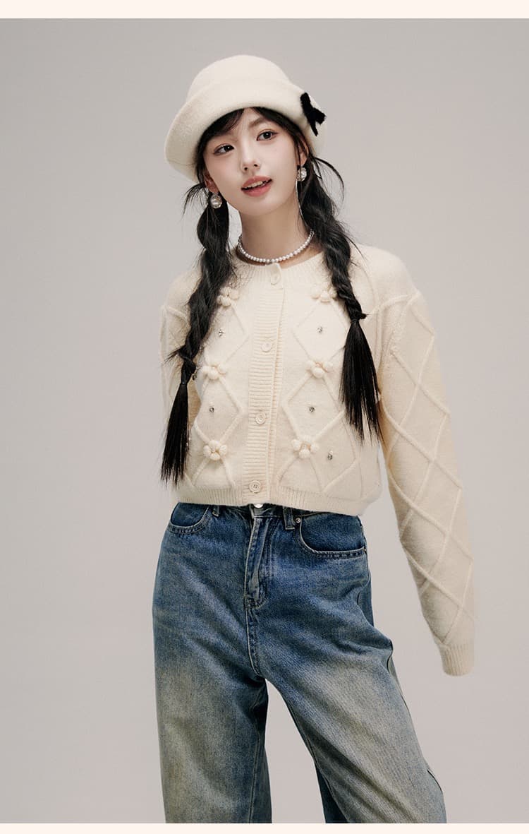 느긋한 부드러운 바람 부드러운 찹쌀 찹쌀 우유 fufu 파란색 3 차원 꽃 니트 스웨터 스웨터 여성 코트 가을 겨울 작은 키 상세 이미지 7
