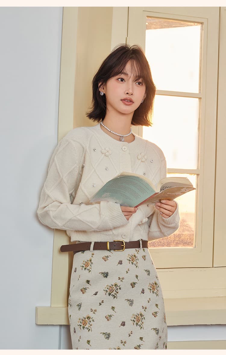 느긋한 부드러운 바람 부드러운 찹쌀 찹쌀 우유 fufu 파란색 3 차원 꽃 니트 스웨터 스웨터 여성 코트 가을 겨울 작은 키 상세 이미지 8