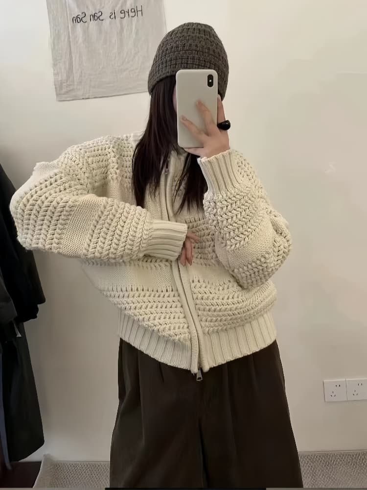 한 부서 두꺼운 가을 겨울 새로운 디자인 센스 더블 지퍼 오픈 가디건 패션 다용도 루즈핏 슬림해 보이는 긴팔 스웨터 코트 상세 이미지 2