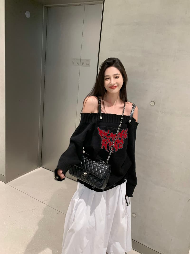한 부서 착용 가져 가라. 디자인 센스 벨트 오프숄더 찢어진 부분 스웨터 핫걸 웃음 하 와이드 부드러운 찹쌀 니트 스웨터 맨위 상세 이미지 4