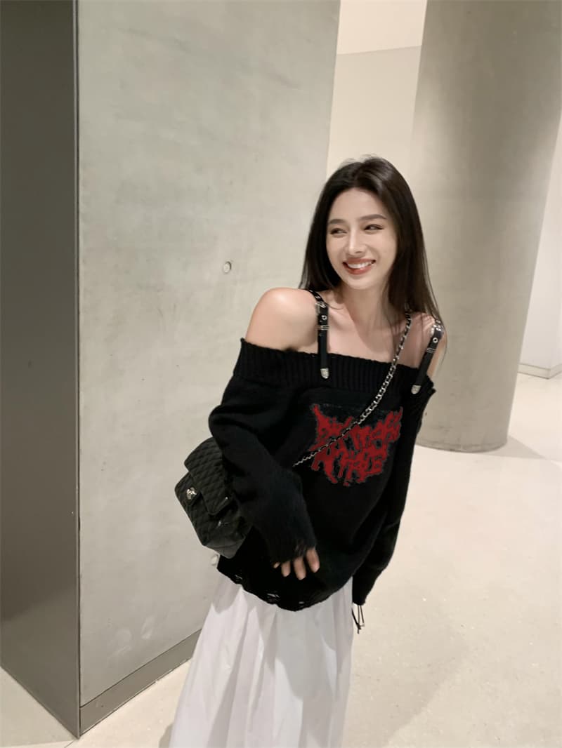 한 부서 착용 가져 가라. 디자인 센스 벨트 오프숄더 찢어진 부분 스웨터 핫걸 웃음 하 와이드 부드러운 찹쌀 니트 스웨터 맨위 상세 이미지 13