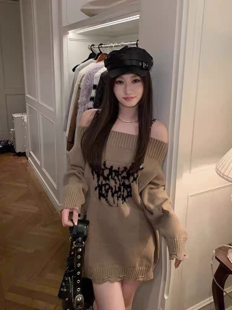 한 부서 착용 가져 가라. 디자인 센스 벨트 오프숄더 찢어진 부분 스웨터 핫걸 웃음 하 와이드 부드러운 찹쌀 니트 스웨터 맨위 상세 이미지 21