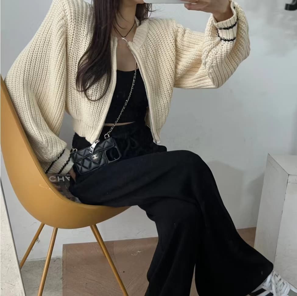 뒤로 알파벳 프린트 니트 오픈 가디건 여성 코트 한국 레트로 라운드 넥 더블 지퍼 허리 수축 쇼트 스타일 연령 감소 맨위 상세 이미지 22