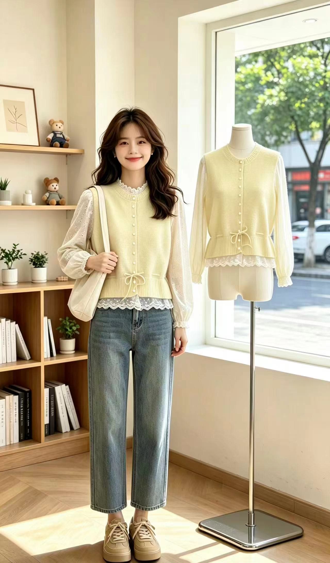 2026 봄 가을 부드러운 바람 라운드 넥 진주 버클 레이스업 허리 수축 레이스 조각 니트 오픈 가디건 스웨터 조끼 베스트 이미지 3