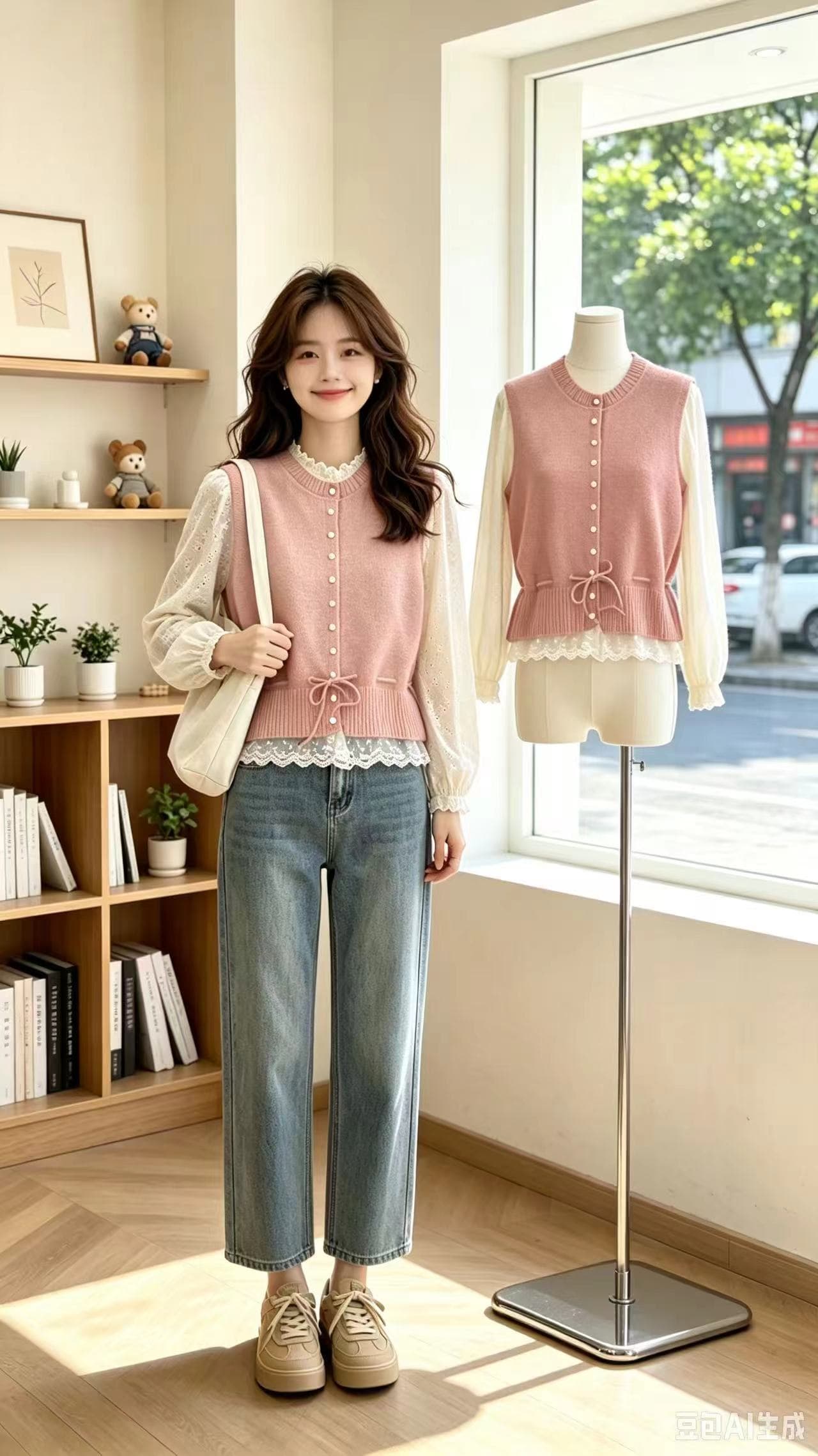 2026 봄 가을 부드러운 바람 라운드 넥 진주 버클 레이스업 허리 수축 레이스 조각 니트 오픈 가디건 스웨터 조끼 베스트 상세 이미지 7