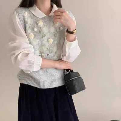 한 부서 달콤한 스타일 3 차원 꽃 니트 베스트 조끼 여성 가을 새로운 루즈핏 스택 착용 다용도 스웨터 조끼 상세 이미지 1
