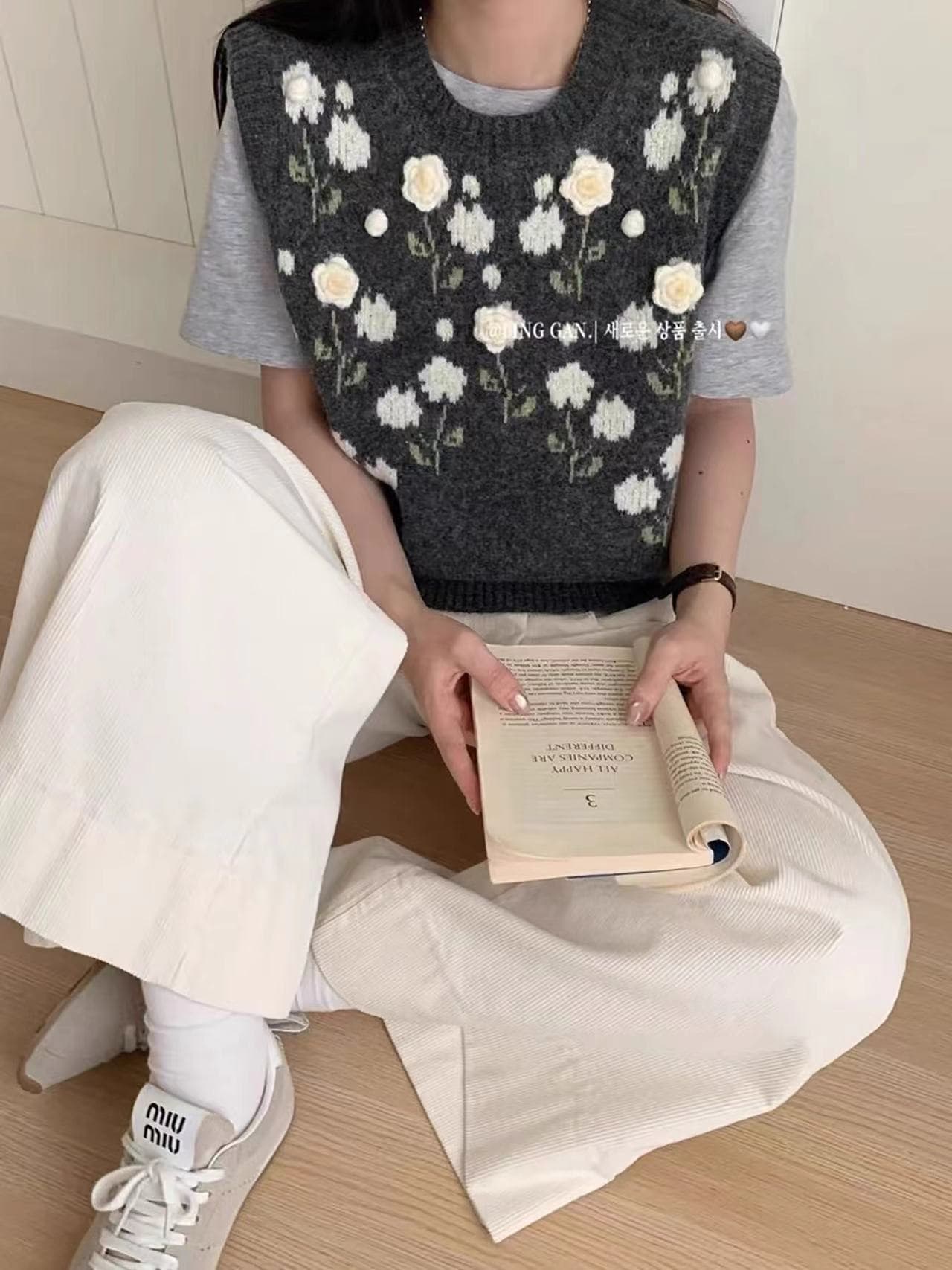 한 부서 달콤한 스타일 3 차원 꽃 니트 베스트 조끼 여성 가을 새로운 루즈핏 스택 착용 다용도 스웨터 조끼 상세 이미지 8