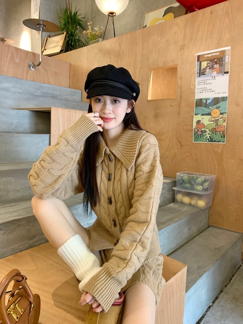 한국 새로운 폴로 칼라 꽈배기 소뿔 버클 니트 세트 두꺼운 스웨터 세트 투피스 세트 상세 이미지 6