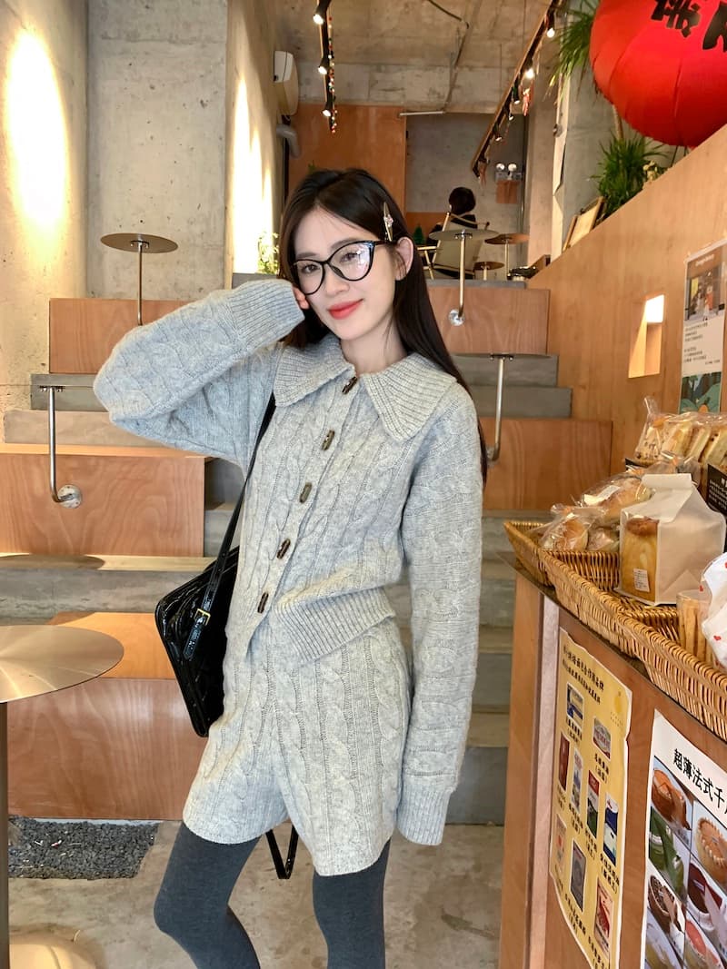 한국 새로운 폴로 칼라 꽈배기 소뿔 버클 니트 세트 두꺼운 스웨터 세트 투피스 세트 상세 이미지 19