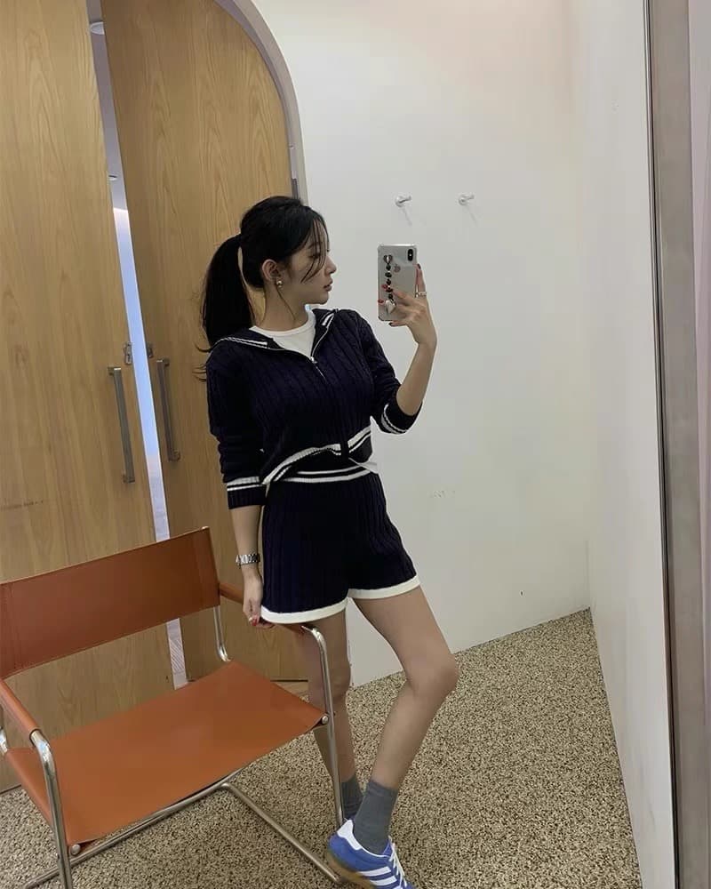 한국 동대문 가을 의상 새로운 외국 가스 꽈배기 스웨터 니트 스웨터 투피스 세트 여성 레저 반바지 세트 상세 이미지 6