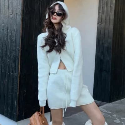 한국 스타일 chic 새로운 봄 가을 새로운 쇼트 스타일 후드 스웨터 카디건 코트 하이웨이스트 슬림해 보이는 타이트 스커트 치마 세트 이미지 2
