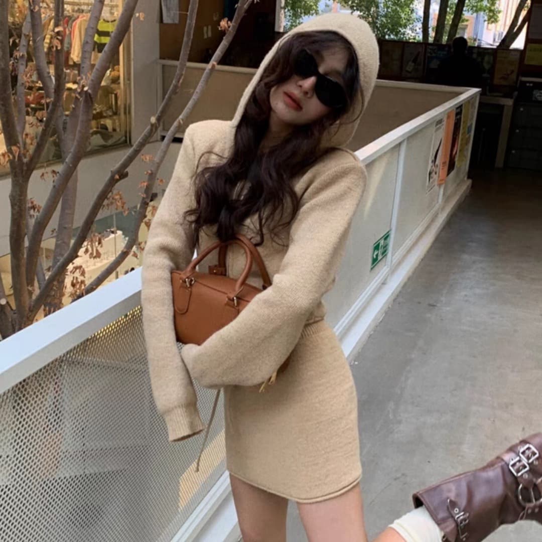 한국 스타일 chic 새로운 봄 가을 새로운 쇼트 스타일 후드 스웨터 카디건 코트 하이웨이스트 슬림해 보이는 타이트 스커트 치마 세트 이미지 4
